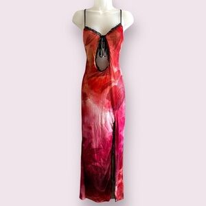 Boohoo Red Pink Floral Maxi Dress Lace Trim Front Tie Slit Size 14